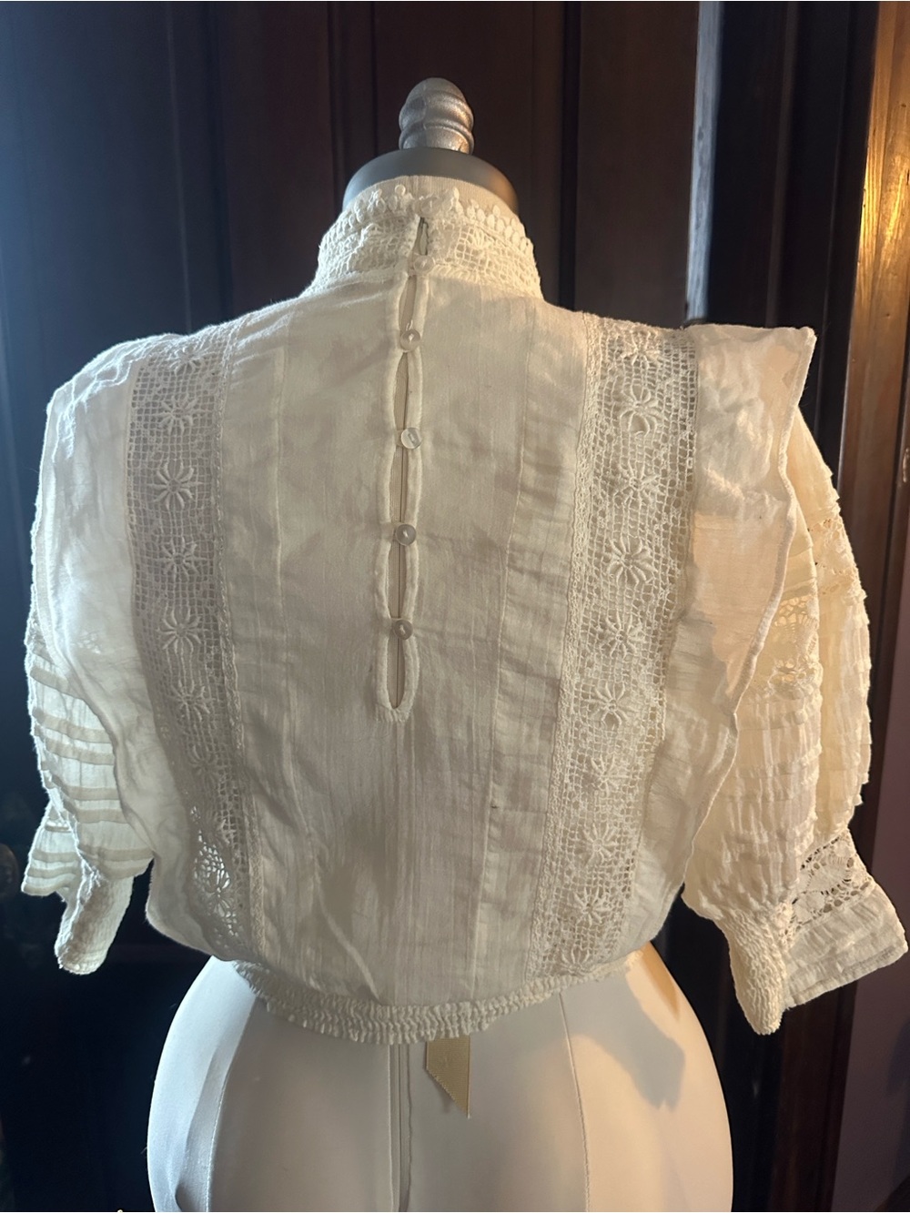 Free People Cream Lace-Inset Victorian High-Neck Blouse - Picture 4 of 7